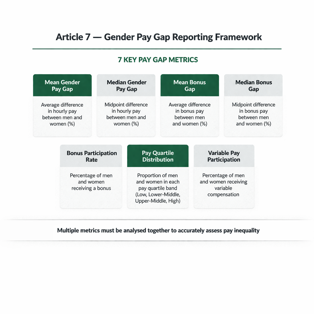 Article 7 — Gender Pay Gap Reporting Framework showing all 7 required metrics: Mean Gender Pay Gap, Median Gender Pay Gap, Mean Bonus Gap, Median Bonus Gap, Bonus Participation Rate, Pay Quartile Distribution, and Variable Pay Participation