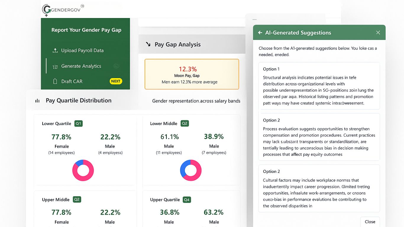 GenderGov platform showing pay quartile distribution and AI-generated compliance suggestions