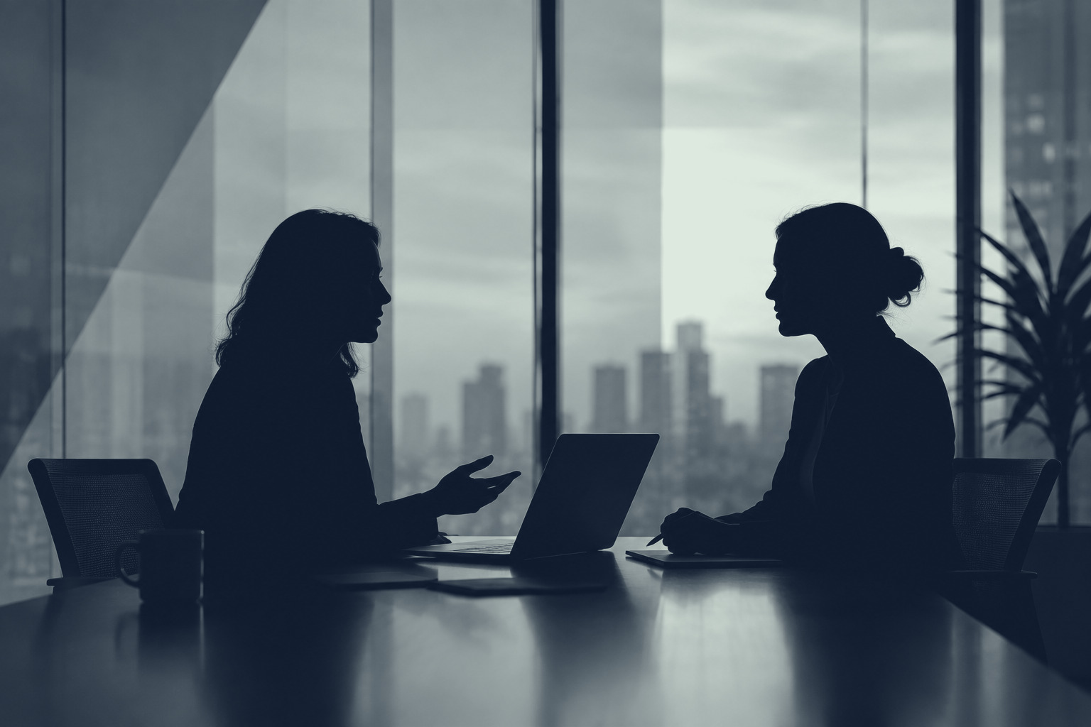 Two colleagues discussing pay transparency across a table in a city office