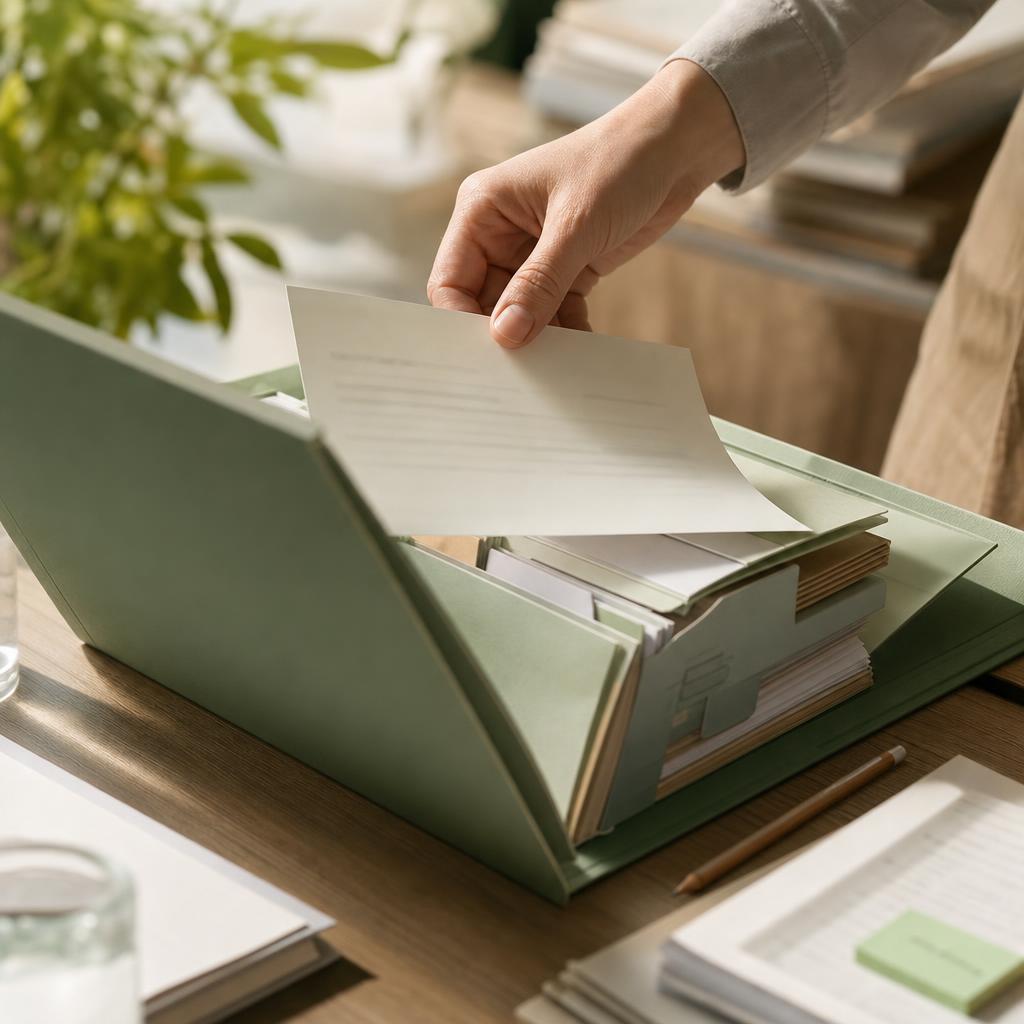 Supporting document being placed into an organised evidence file