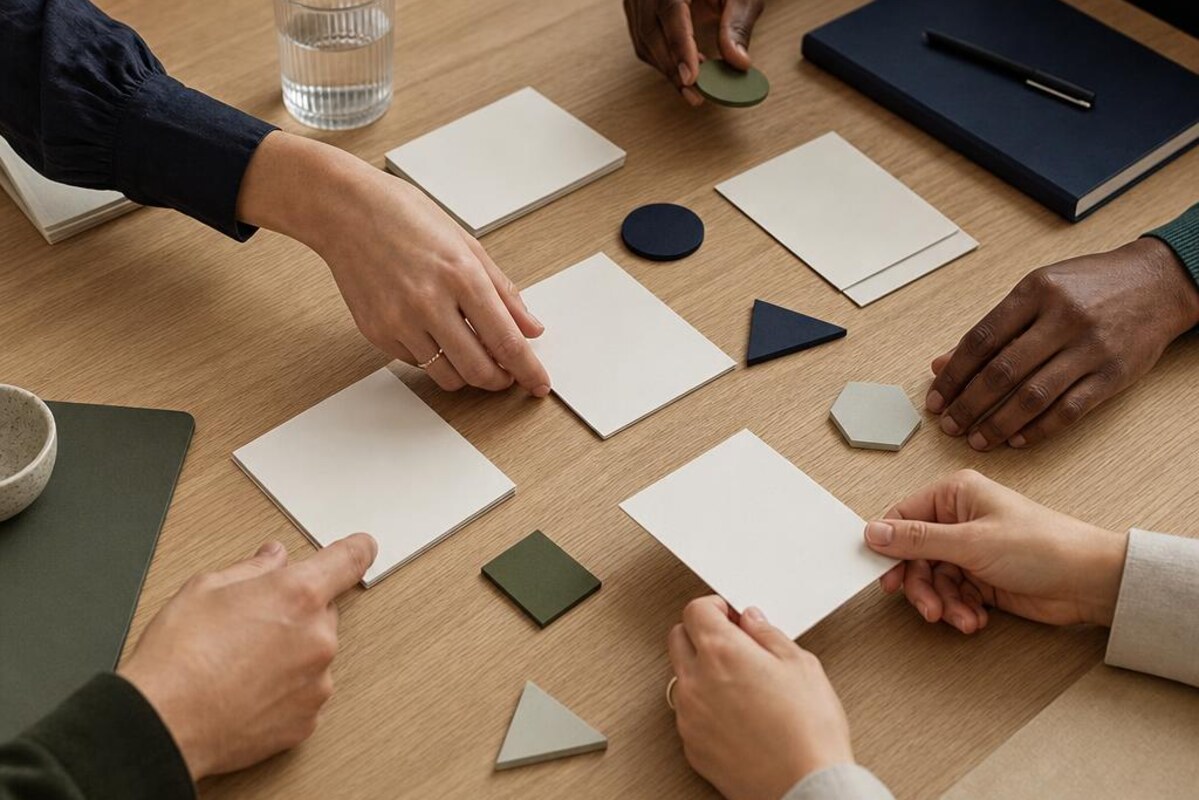 Hands arranging blank role cards during a workplace job-evaluation workshop