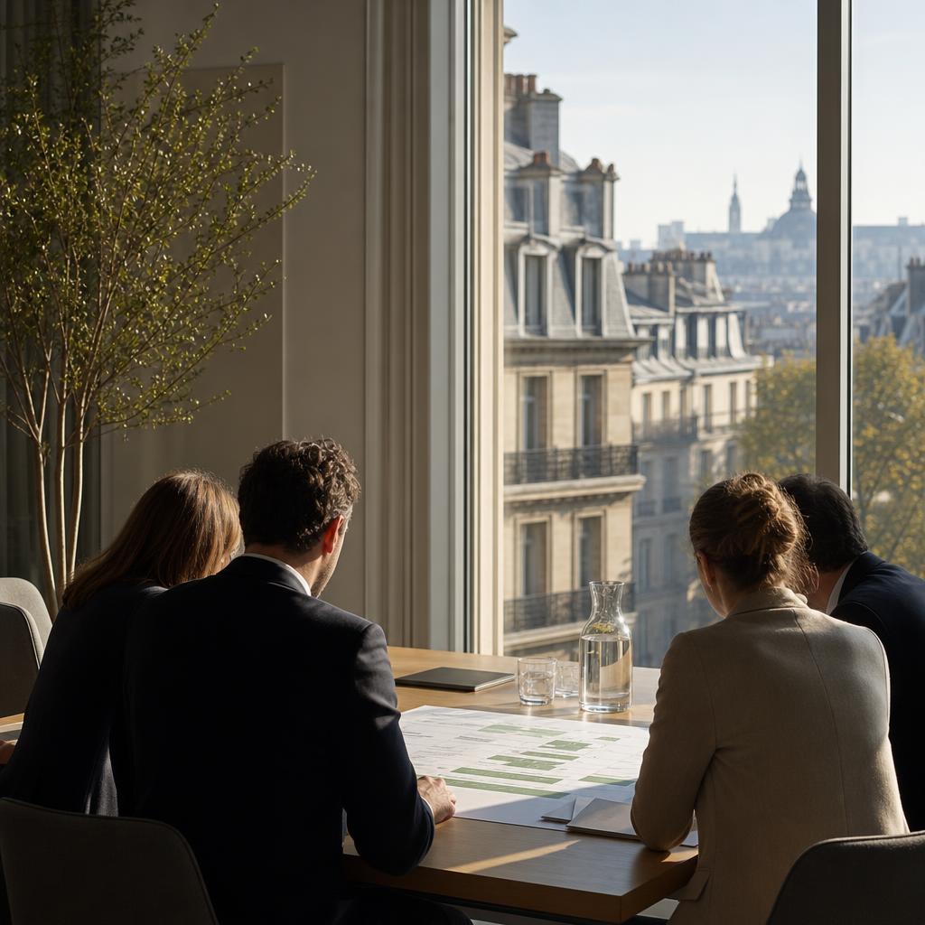 Silhouetted colleagues reviewing an implementation roadmap in a European workplace