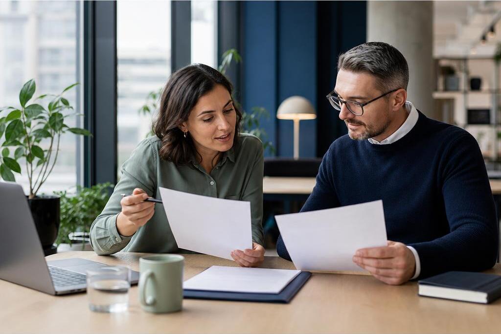 Recruiter and hiring manager reviewing a job brief together in a contemporary workplace