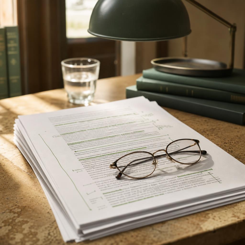 Marked-up regulatory document with reading glasses on a warmly lit desk
